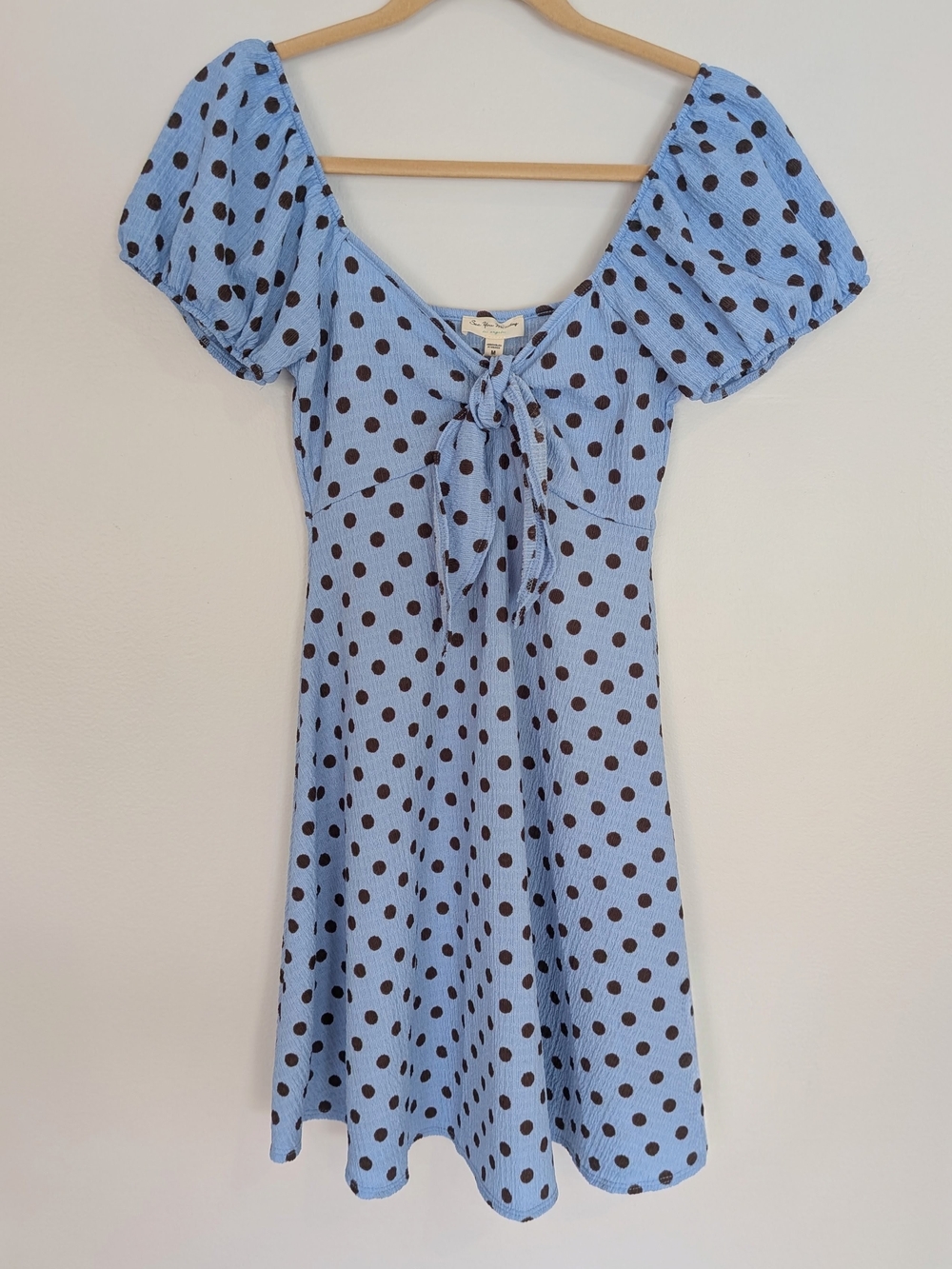 Blue Polka Dot Puff Sleeve Sweetheart Tie Front Dress Medium NWT